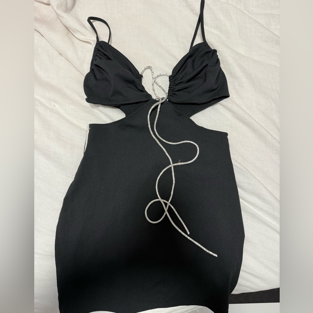 Zara Black Mini Dress with Silver Chain Detail That Ties